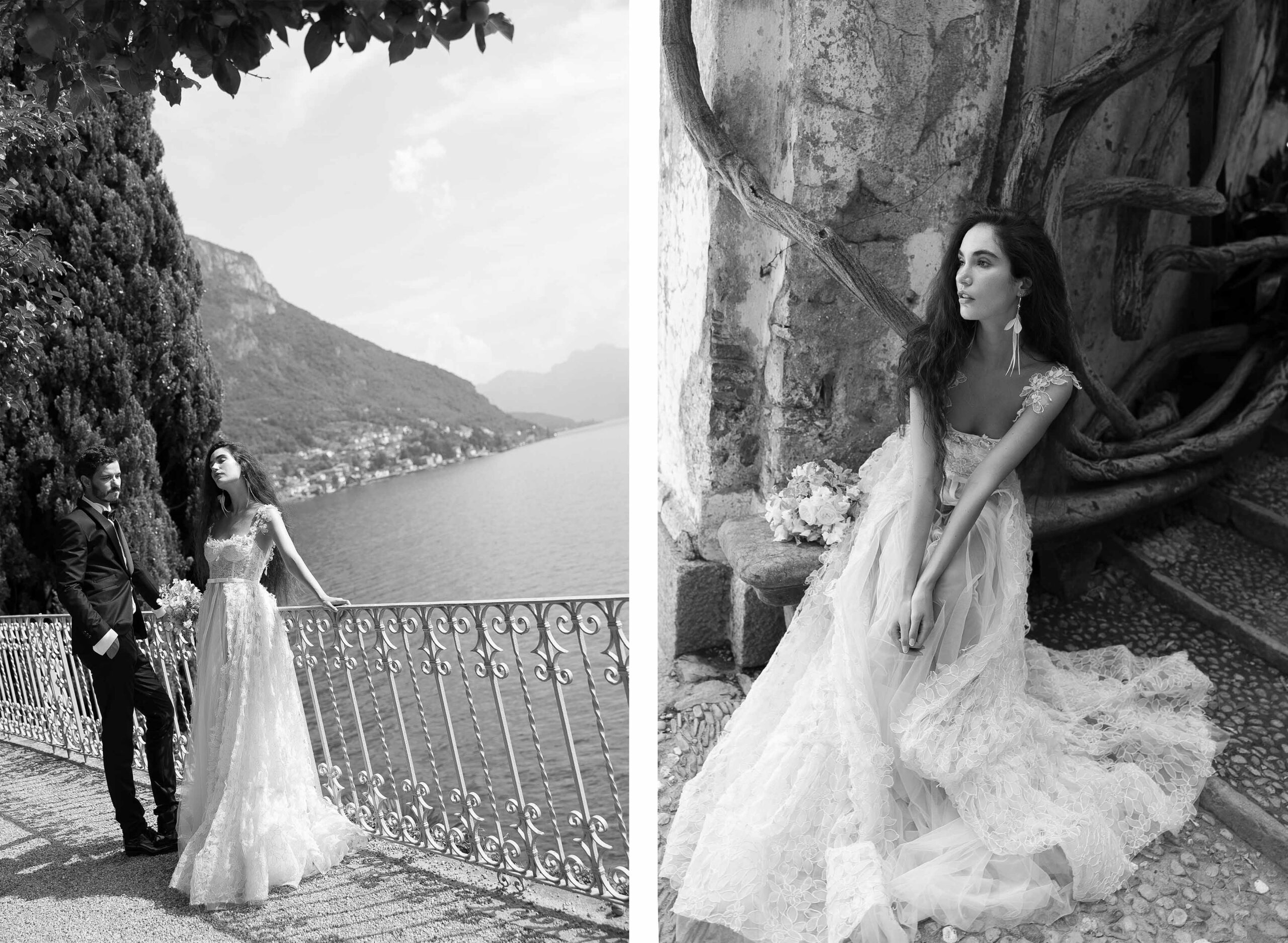 Made Bride A-line wedding gown with 3D floral appliqué, Lake Como bridal editorial