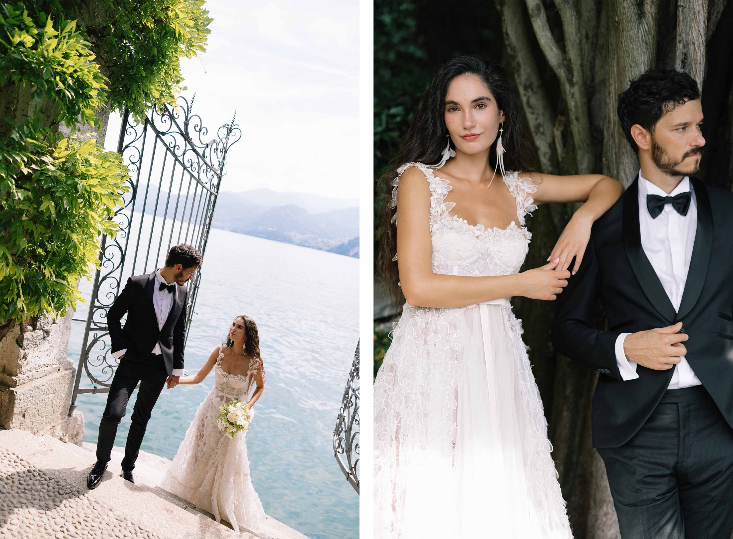 Bride and groom styled shoot at Hotel Villa Cipressi lakeside gate, Lake Como wedding editorial