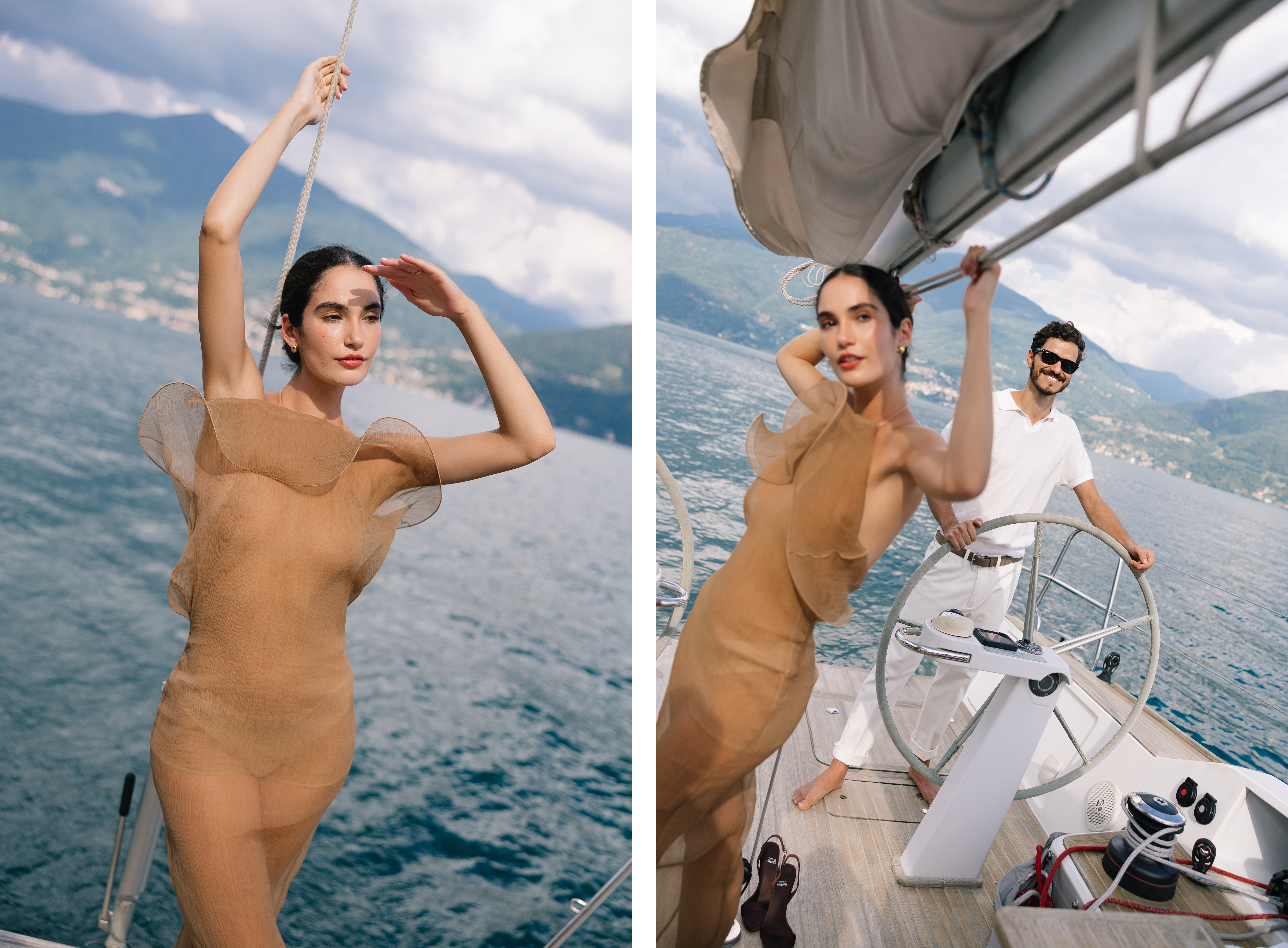 Bride in Magda Butrym organza dress sailing Lake Como, editorial styled shoot