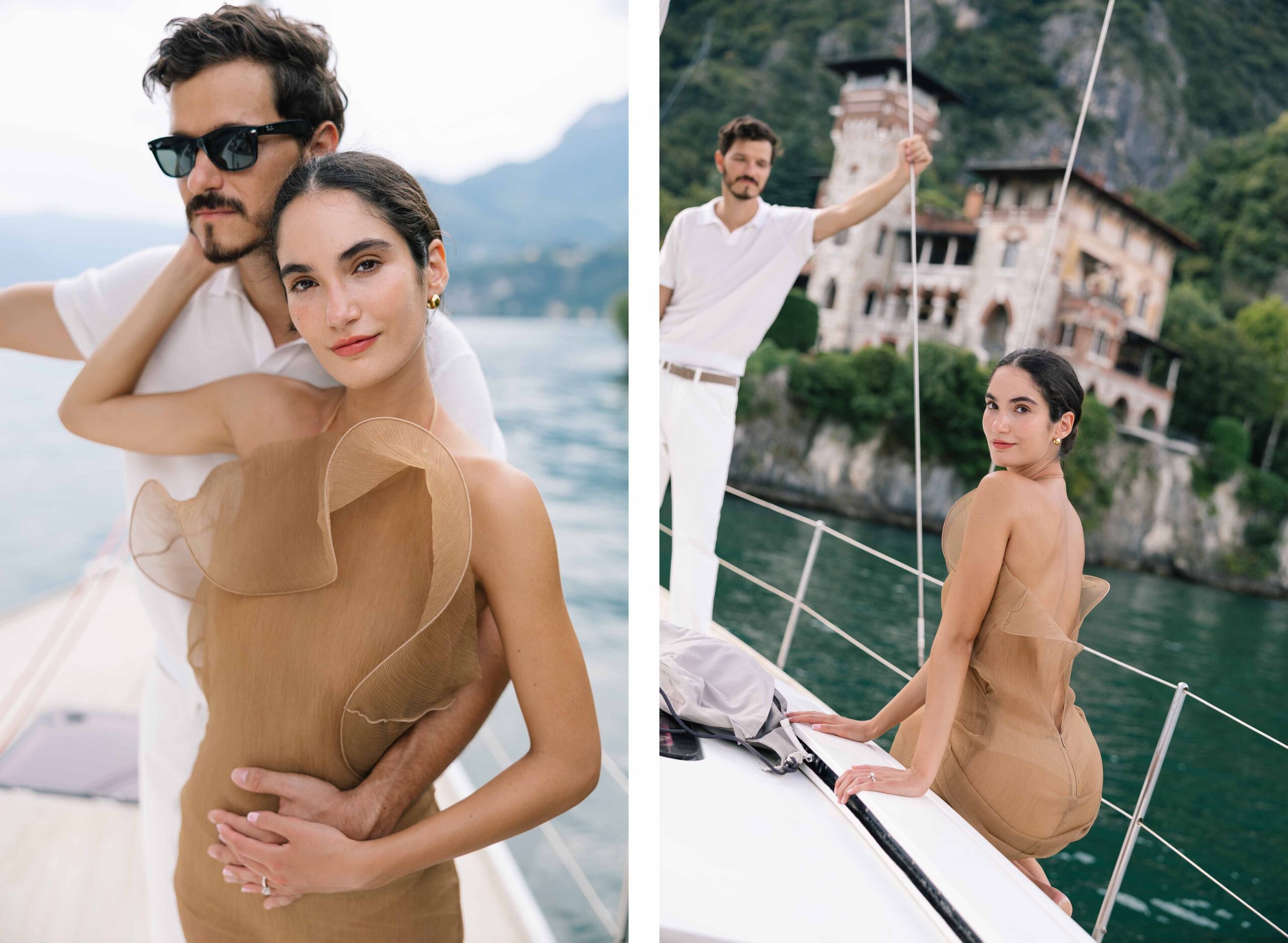 Couple sailing on Lake Como near Villa la Gaeta, destination wedding photography