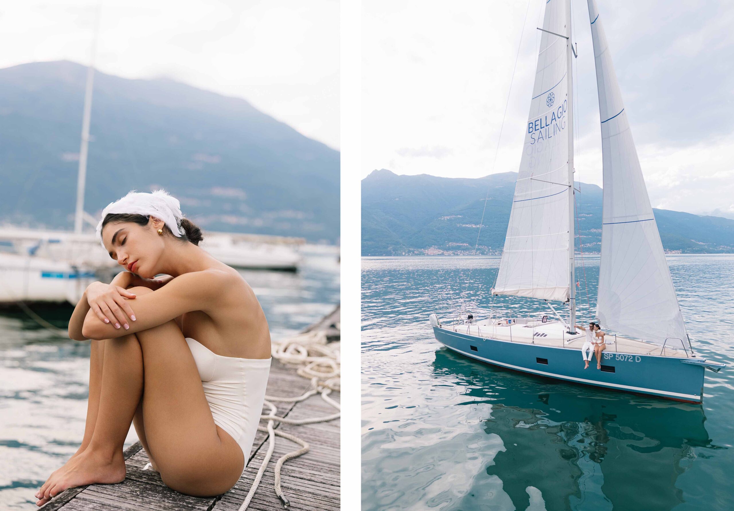 Bride with feather headpiece and swans in Varenna, Lake Como styled shoot