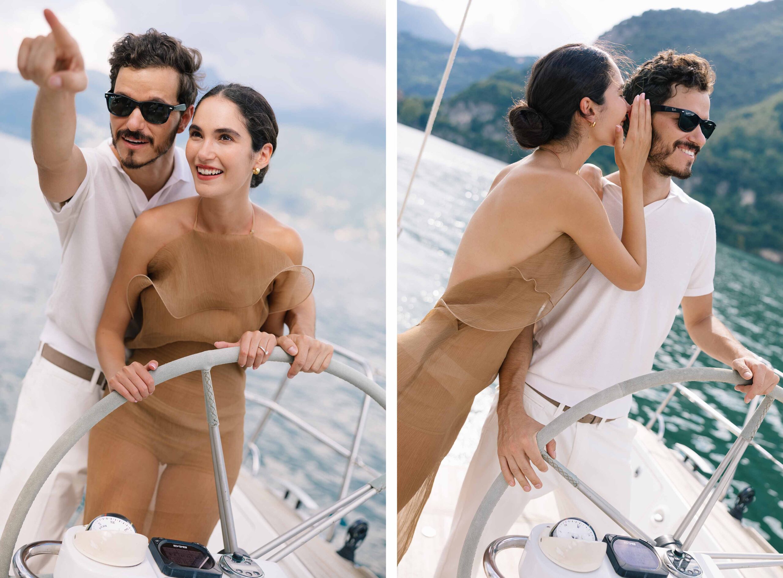 Model couple on sailboat Lake Como, wedding photographer workshop Italy